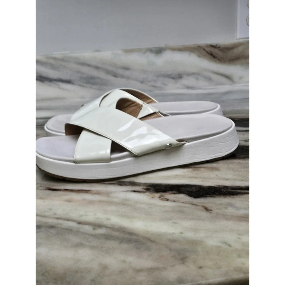 UGG Emily white leather criss cross‎ platform slide sandals 10 Beach Minimalist